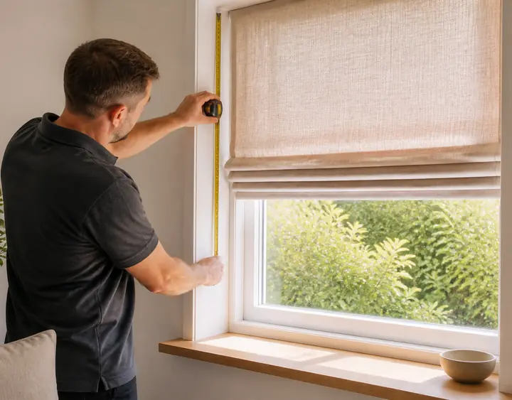 A Sudbury Blinds fitter measuring a domestic window with a tape measure