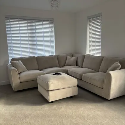Wooden venetian blinds fitted to two lounge windows